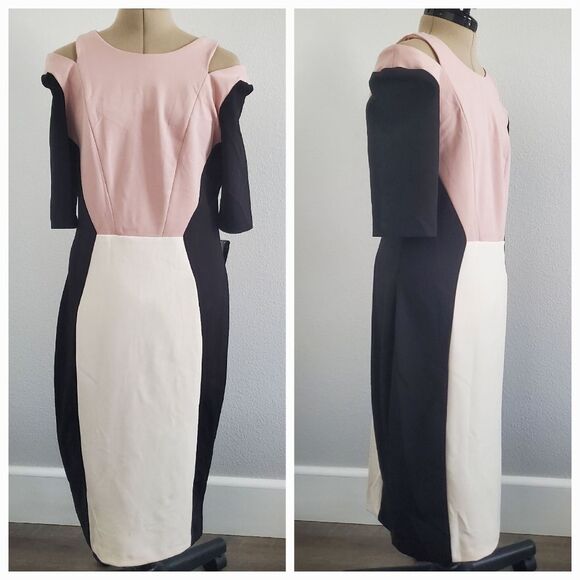 Gabby Skye Women's Sheath Dress Size 12 Black Cream Pink Cut-Out Bodycon NEW - Picture 1 of 7